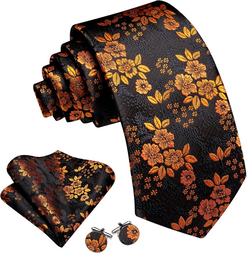 Barry.Wang Store Flower Ties for Men Handkerchief Cufflinks Set Wedding Necktie Set Party - Image 2